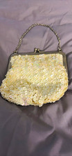 Vintage JEMCO Ivory Sequin Evening Bag Purse Kiss Lock Chain Handle