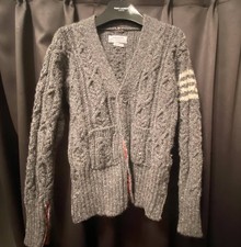 Used Thom Browne 4-Bar Tricolor Grosgrain Cable Cardigan Size 2 Gray