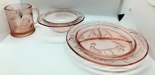 Vintage Pink Depression Glass Nursery Rhyme Child Set Mug Bowl Plate Humpty