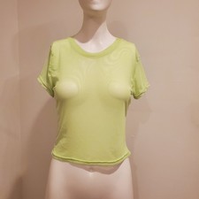 Just Polly New York Womens Size M Lime Green Sheer Mesh Crop Top Tee Made in USA