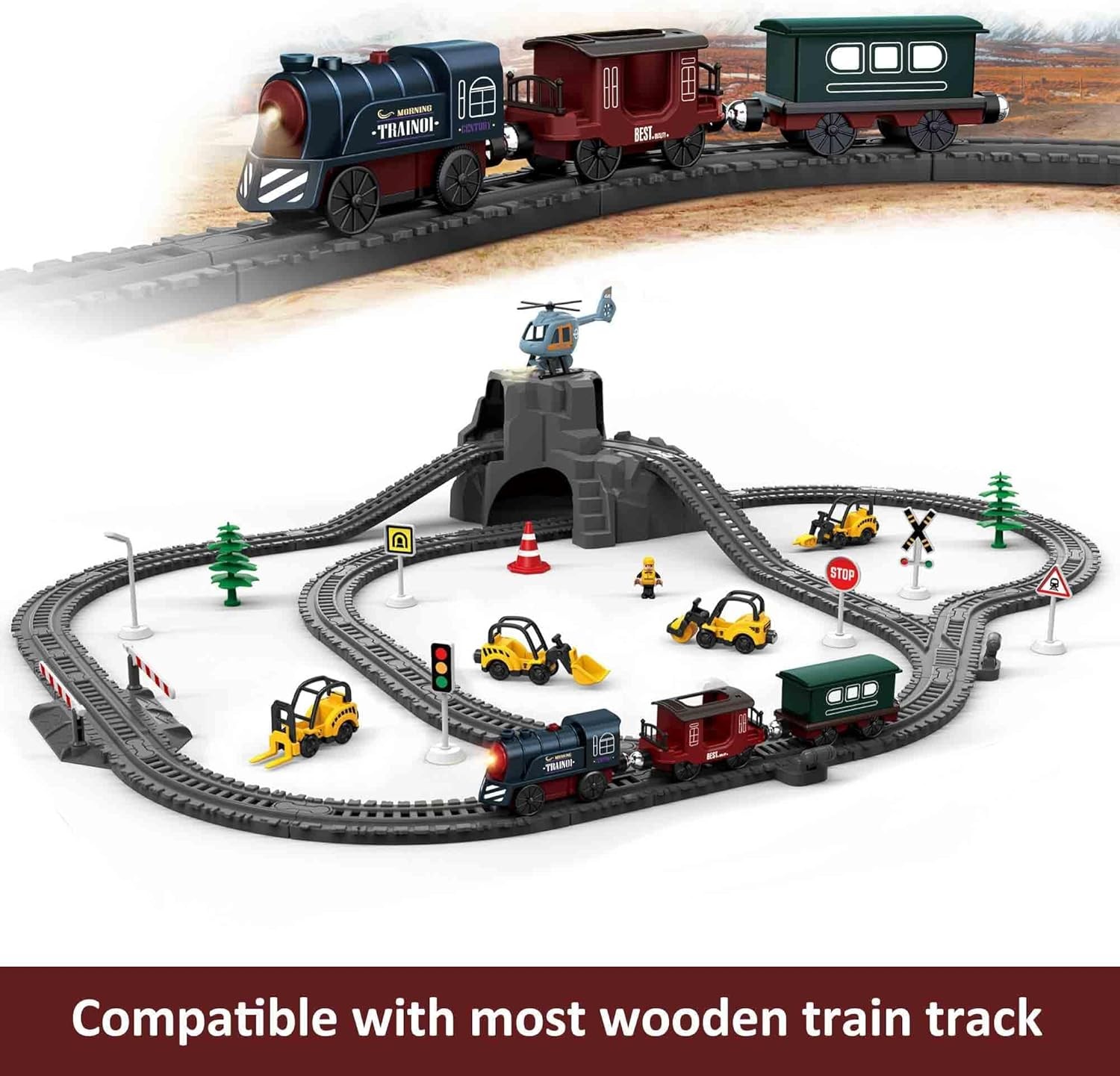 Battery Operated Train for Wooden Track, 3Pcs Motorized Train Toy for 3 4 5+Y...