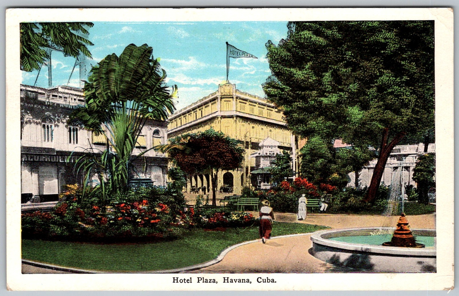 Antique Postcard Hotel Plaza Fountain View Havana, Cuba 1920s