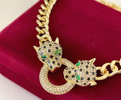 Deluxe Panther Panzerkette Collier Zirkonia 585er Gold 14K vergoldet 55cm Damen