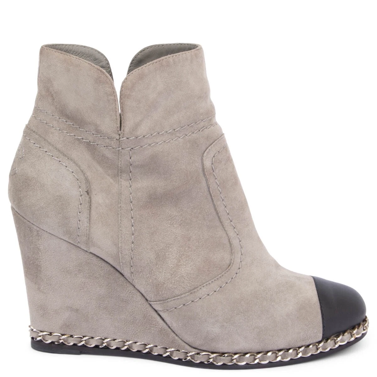 Chanel 2011 11K Chain-Trim Wedge Ankle Boots Grey Suede