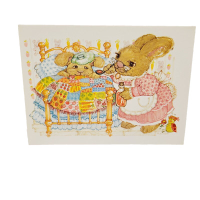 Vtg Anthropomorphic Mom Sick Baby Bunny Rabbit Get Well Soon Greeting Card CLEAN