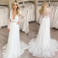 Chiffon Wedding Dresses V Neck Long Sleeves Illusion Lace Backless Bridal Gown