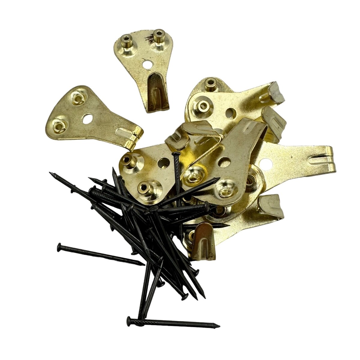 x Heavy Duty Picture Hooks Double Pin Guide Holes Brass 20 x 32mm, 26mm  Pins