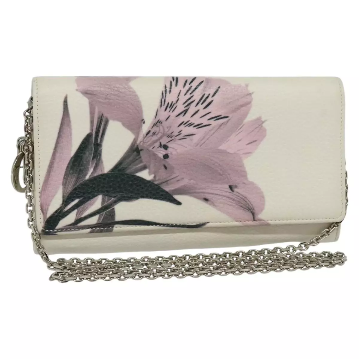 Christian Dior Chaîne Portefeuille Cuir Blanc Argent Auth bs22820