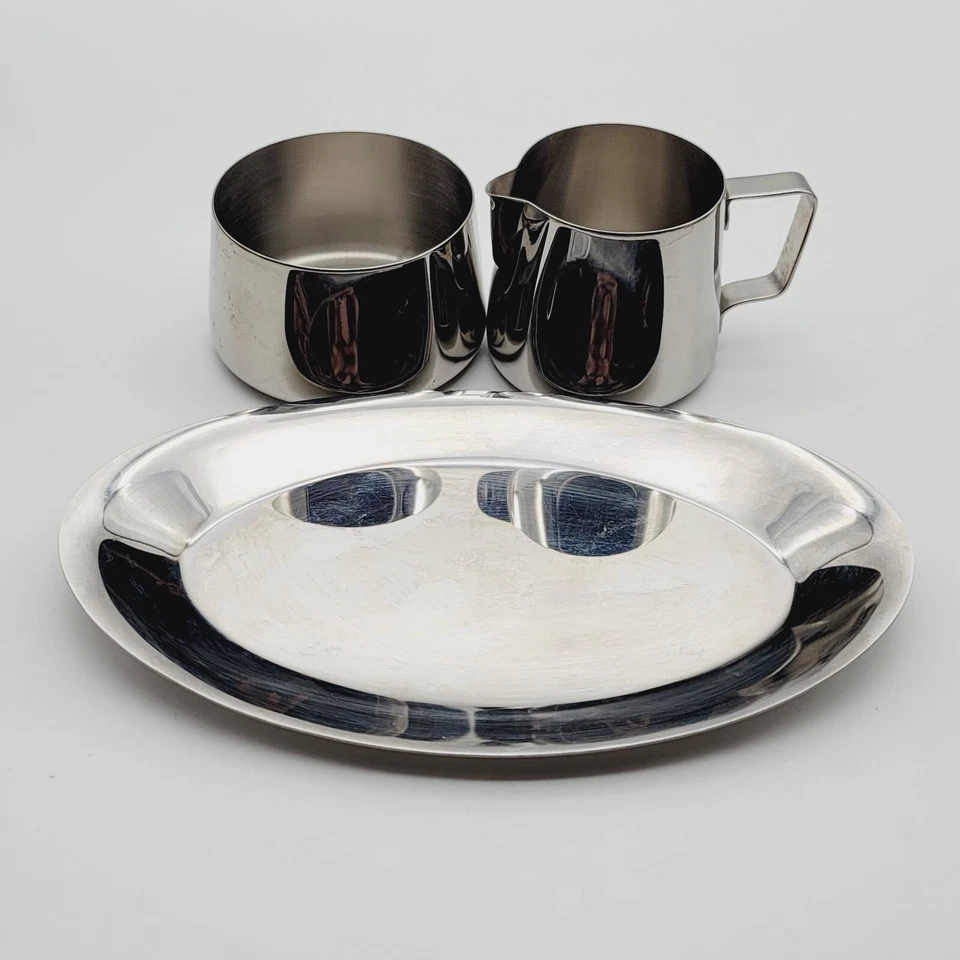 Vintage Stainless Steel Cream & Sugar Set w Tray - Image 4 of 4
