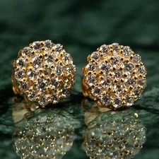 Large Round VVS Lab Grown Diamond 14K Yellow Gold 1.05Ct Flower Cluster Earrings