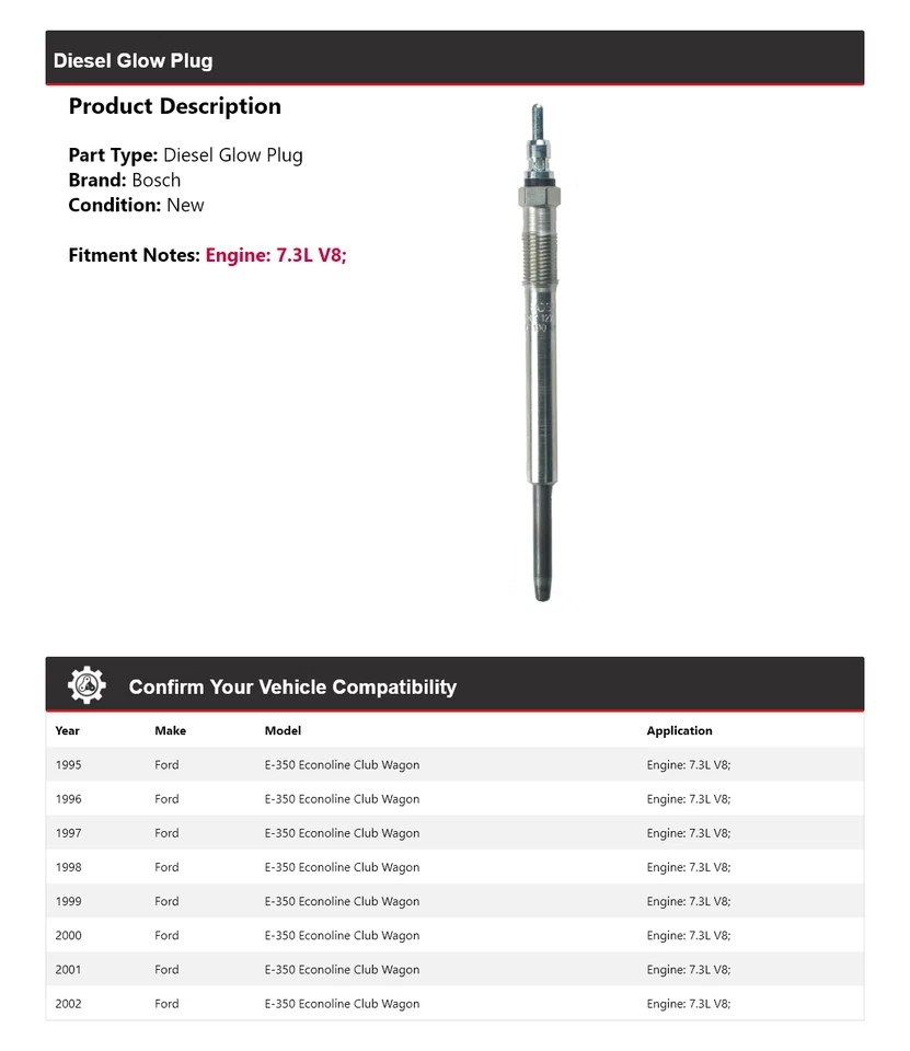 Bujía incandescente diésel Bosch para Ford E-350 Econoline Club Wagon 1995-2002 7,3 L V8 Foto 2 de 3