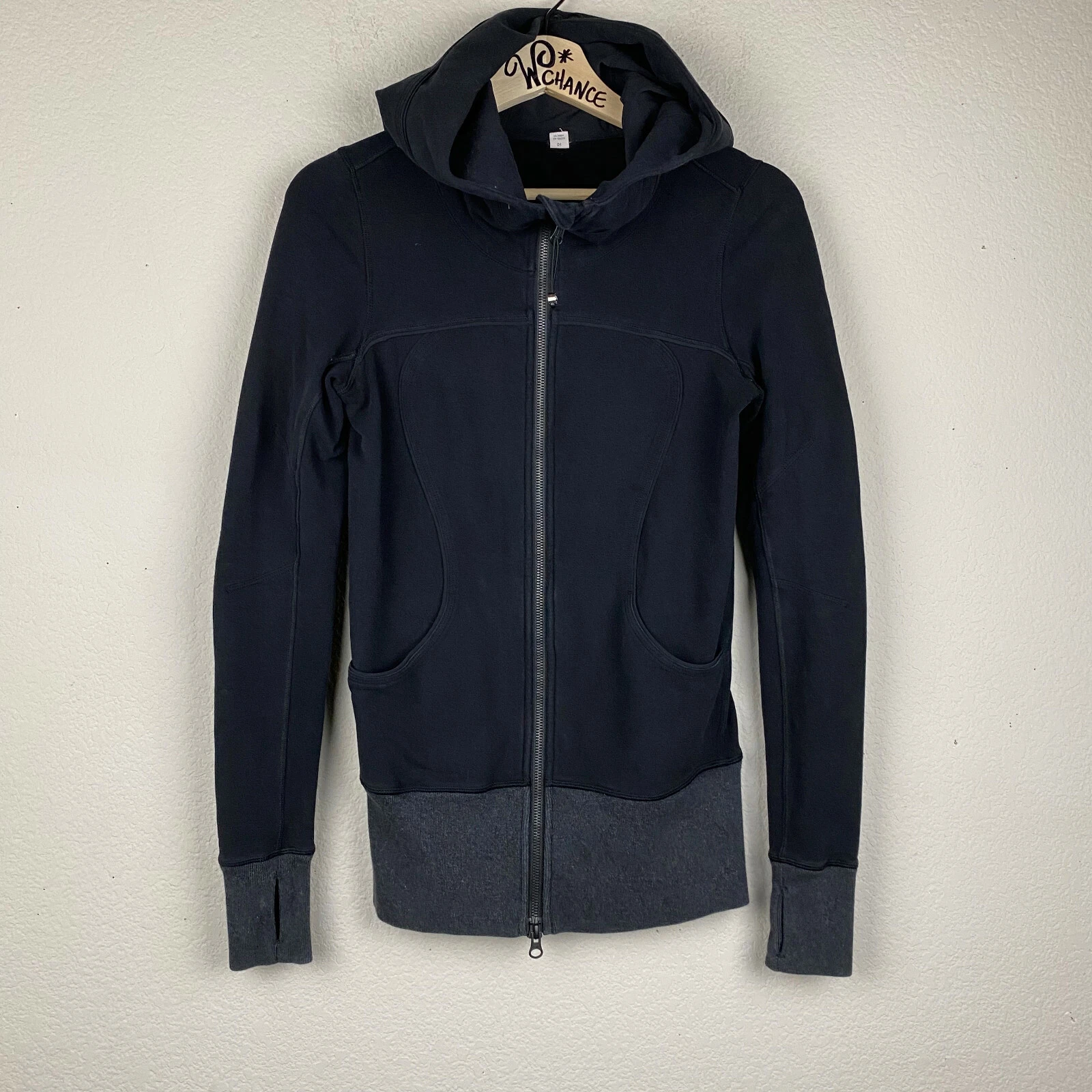 LULLUEMON Size 4 Solid Black Gray SCUBA Hoodie Thumbholes Full Zip Jacket M46