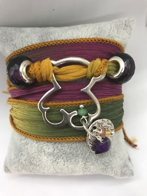 NEW HANDMADE Silk Ribbon Wrap Bracelet Sterling Silver Connector-1