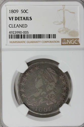 1809 50C NGC VF DETAILS, CLEANED. 1800's Capped Bust Half Dollar, Miss Liberty