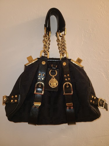 VERSACE BORSA AUTHENTIC Satchel Handbag Black Leather & Cloth Gold Hardware - Picture 5 of 23