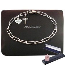 Engraved Real Silver Paperclip Bracelet with Cross, Gift for First Holy Commuion