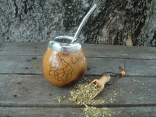 Uruguay Mate Gourd Hand Made  Cup Bombilla Straw Engraving Map Uruguay BONUS