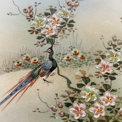 Vintage Japanese Tile Handpainted  6'' Square Peacock Cherry Blossoms Rising Moon
