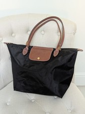 Borsa a tracolla LONGCHAMP Le Pliage originale nera nylon marrone manico grande