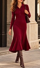 Julia Jordan Ribbed Collared Long-sleeve Midi Dress Oxblood (Burgundy) Size L