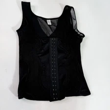 Shapewear Tank Top Womens Medium Large Black Hook & Eye Corset Camisole Mesh