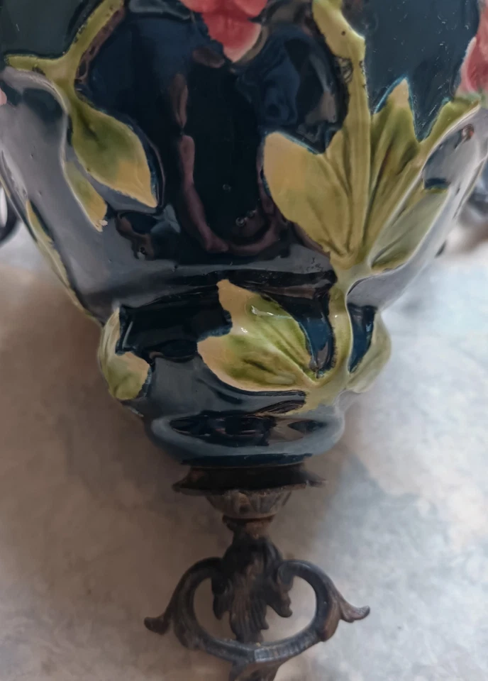 Ancienne structure lustre suspension lampe à pétrole barbotine Art nouveau  CA0x - Photo 3/4