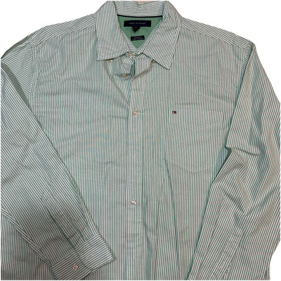 Tommy Hilfiger Men's XL Green White Stripes Long Sleeve Button Down Pocket Shirt