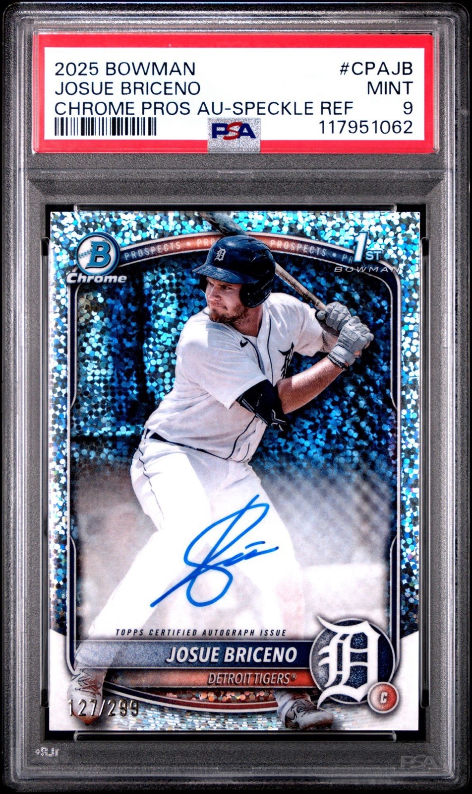 JOSUE BRICENO 2025 1st BOWMAN CHROME SPECKLE AUTO 127/299 PSA 9 Tigers CPA-JB