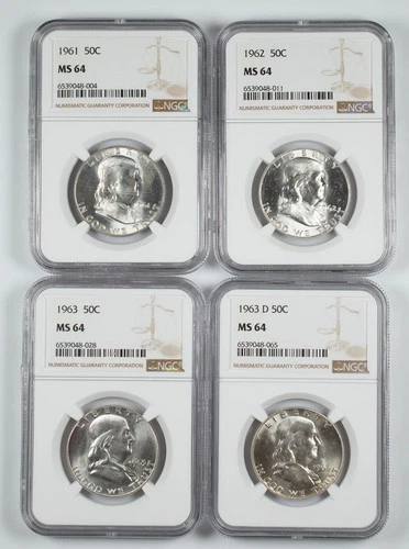Certified 1961 1962 1963 1963-D Franklin Half Dollars NGC MS64 Silver 50c x4