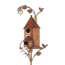 Metal Bird House with Pole Metal Art Cottage Bird House Stakes Garden Decor