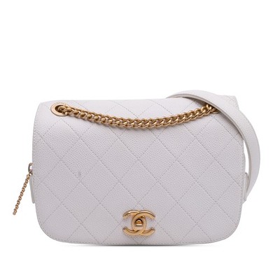 Chanel CC Quilted Caviar Turnlock Full Flap Pre-Loved Crossbody Bag Off White