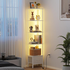Corner Shelf with Fabric Drawer and LED Light, 5 Tier Narrow Bookshelf, Bookcase