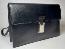 Prada Saffiano Leather Clutch Bag Black Used