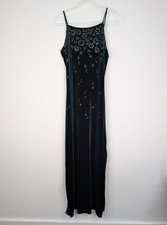 Vintage Y2K Status Collection Dress Large Green Velvet Floral Glitter Maxi Slit