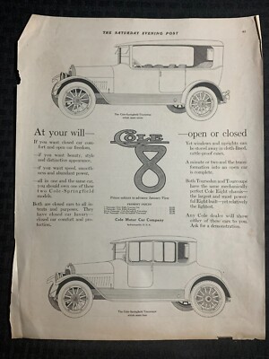1916 COLE MOTOR CAR CO. 11x14'' Print Ad VG 4.0 At Your will Open or Closed