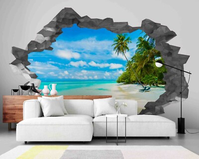 3D Blue Sky Beach Coconut Tree Wall Murals Wallpaper Murals Wall Sticker Wall 40