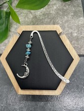 3.5" Handmade Silver-tone Etched Metal Hook Bookmark Beaded Charm Moon 20