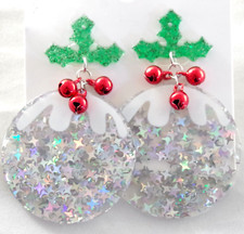2.75" IRIDESCENT CONFETTI JINGLE BELL HOLLY CHRISTMAS ORNAMENT ACRYLIC EARRINGS