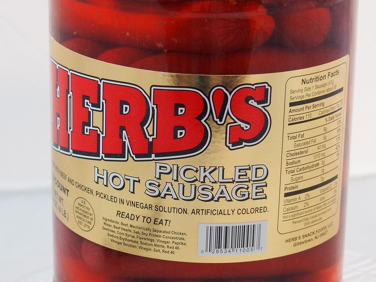 Herbs RED HOT Pickled Sausage (1 Gal. Jar) 39 Count Beef & Chicken No Pork