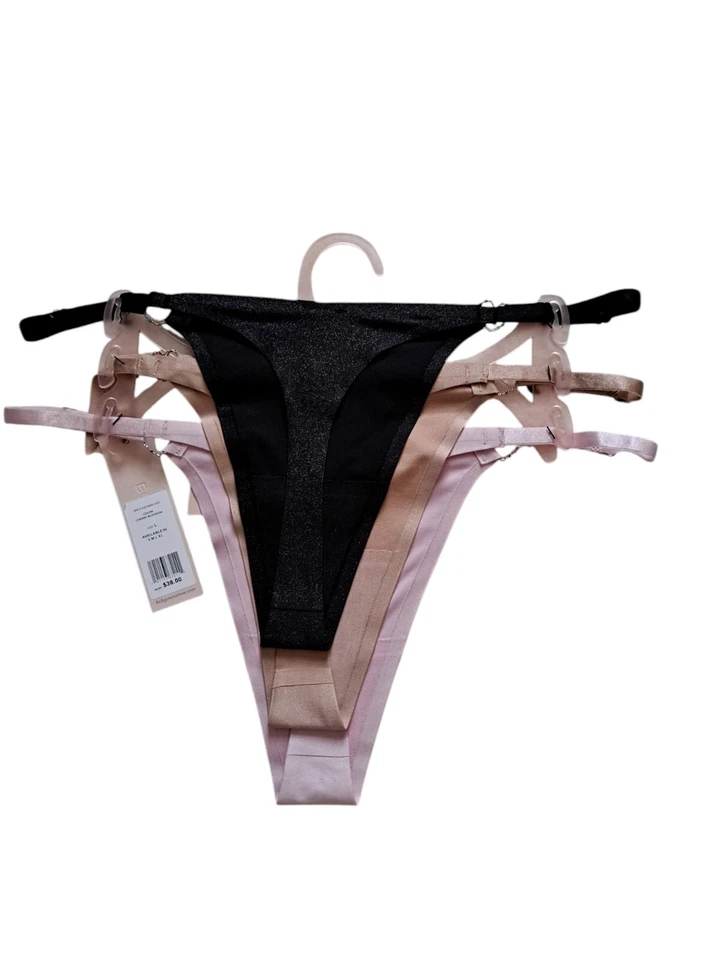 BCBGeneration 3 Pack Shimmer Bright Thong Panties Black Beige Pink Size L. - Image 2 of 4