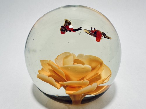 Vintage Hand Blown Glass Paperweight Bees With Orange Flower - Picture 4 of 13