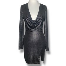 h:ours Mini Short Cocktail Dress Women's Size S Gray Metallic Deep Cowl Neck