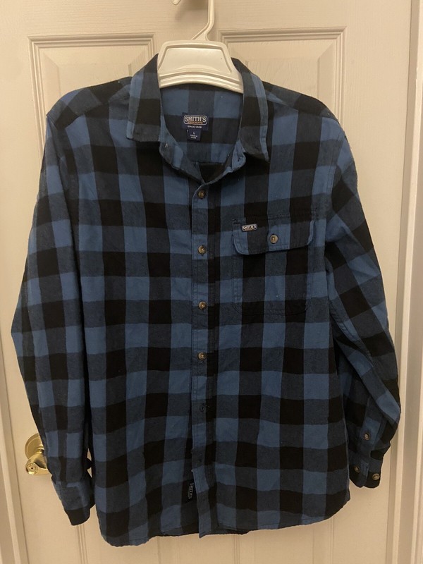 MEN'S BLUE & BLACK CHECK LONG SLEEVE FLANNEL SHIRT BY: SMITH'S WORKWEAR- SIZE: L
