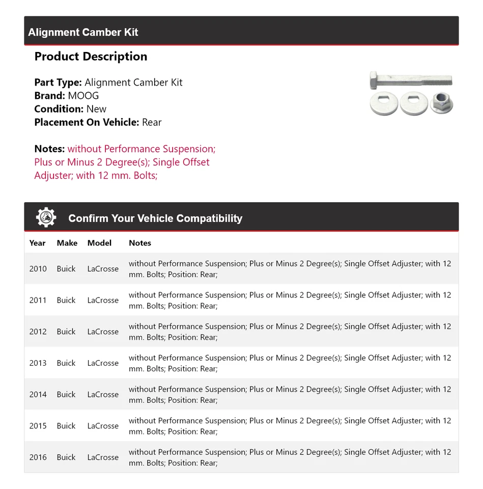 Kit de inclinación trasera para Buick LaCrosse 2010-2016 MOOG 2010 2011 2012 2013 Foto 2 de 3