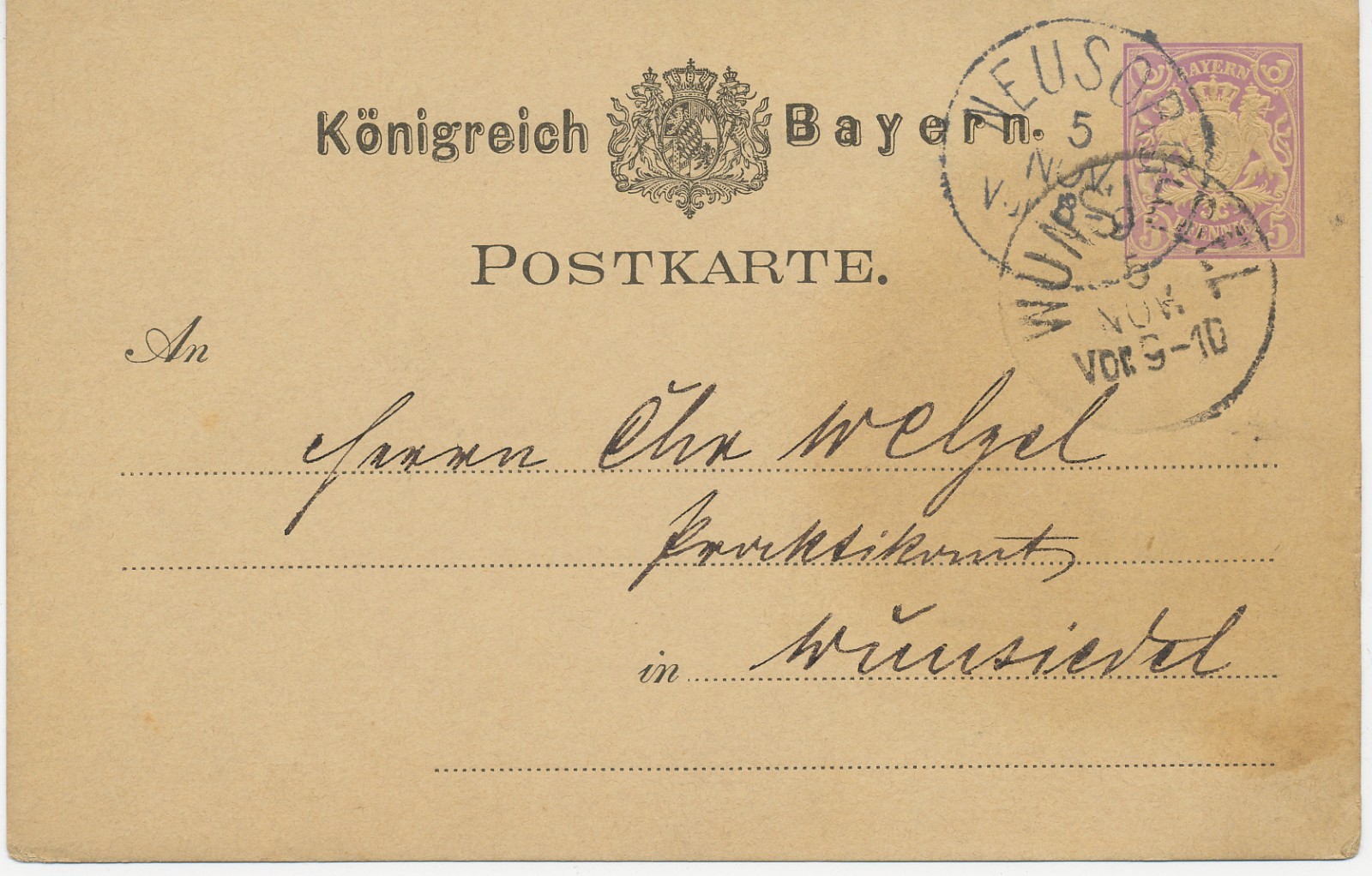 BAVARIA "NEUSORG" (Opf.) K1 5 Pf GA Postcard 1881 to "WUNSIEDEL" K1, Rare, R