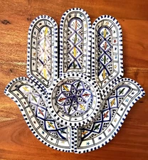 Large 7 Pc Tunisian Kamsah Ceramic Serving Dish Hand of Fatima Blue Charcuterie
