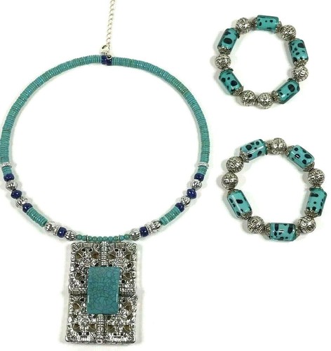 Conjunto de joyería turquesa para mujer collar con 2 pulseras elásticas azul-verde cuentas - Imagen 2 de 12
