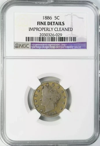 1886 LIBERTY HEAD V NICKEL 5C NGC CERTIFIED F FINE DETAILS (029)