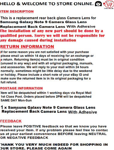 Samsung Galaxy Note 9 Camera Glass Replacement Back Camera Lens with Adhesive - Picture 2 of 2
