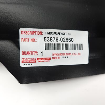 Genuine OEM Toyota 53876-02660 Driver LH Front Fender Liner 2017